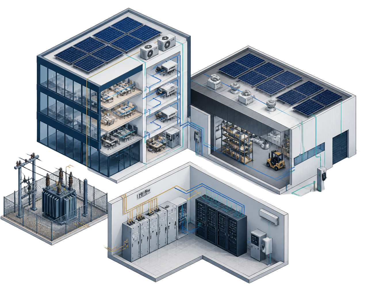 Ilustração técnica isométrica de um empreendimento integrado com edifício comercial, galpão industrial e sala técnica, com entrada de energia, quadros elétricos, cabeamento, redes, climatização, energia solar e carregador de veículo elétrico.