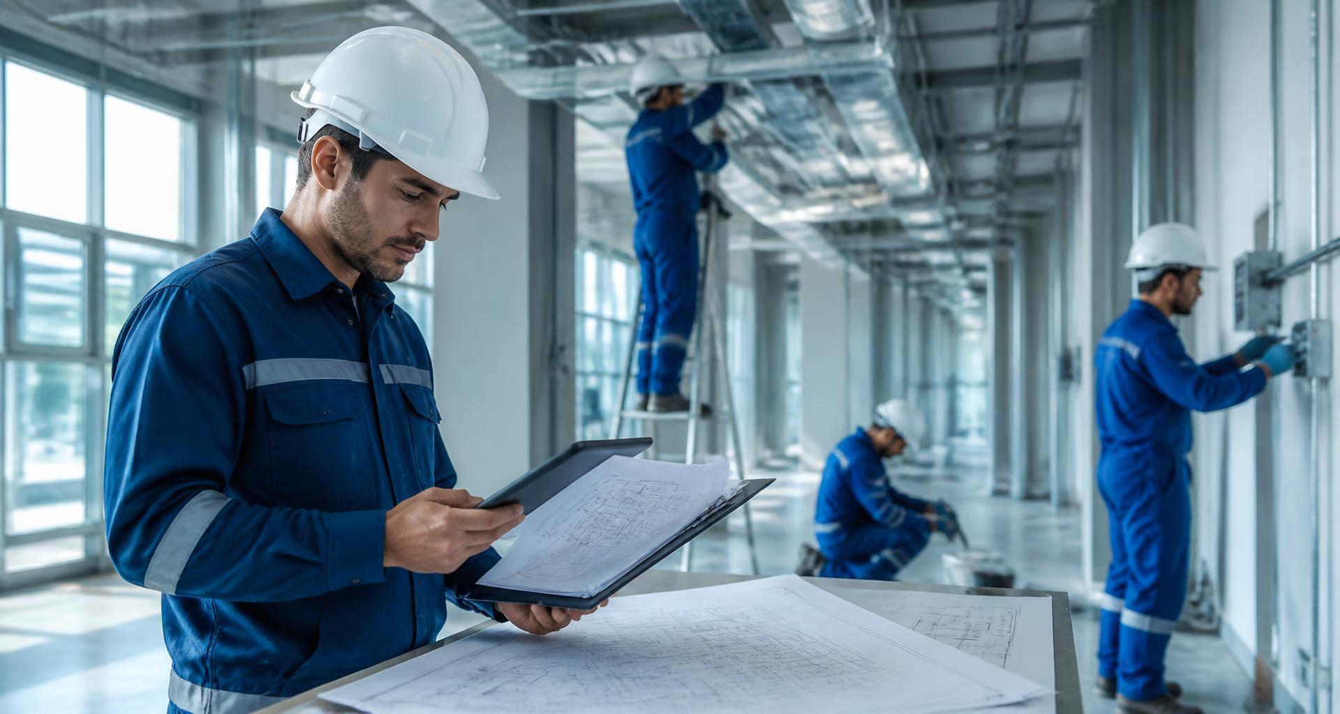 Líder técnico conferindo planta, checklist e tablet em primeiro plano, com equipe uniformizada executando instalações ao fundo.