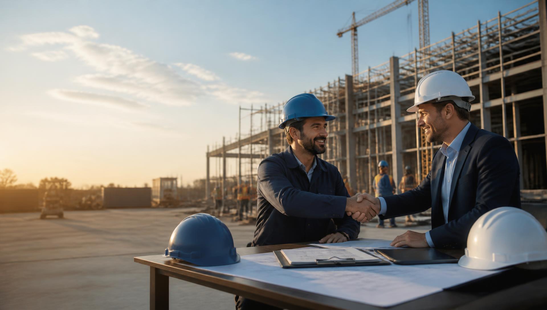 Engenheiro de construtora e representante técnico da GSM fecham parceria sobre uma mesa com plantas do empreendimento, em canteiro de obras ao fim da tarde.