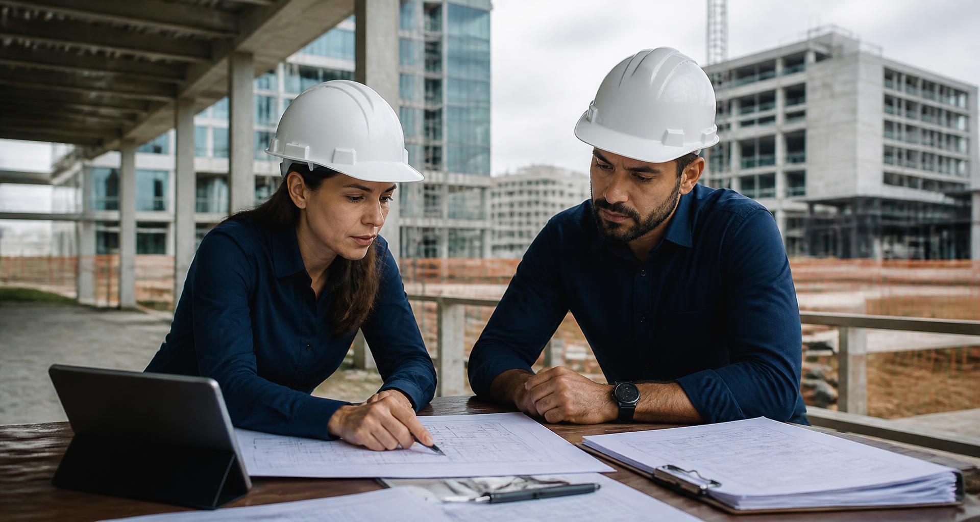 Engenheira de construtora e responsável técnico analisando plantas, cronograma e tablet sobre uma mesa, com empreendimento em construção ao fundo.