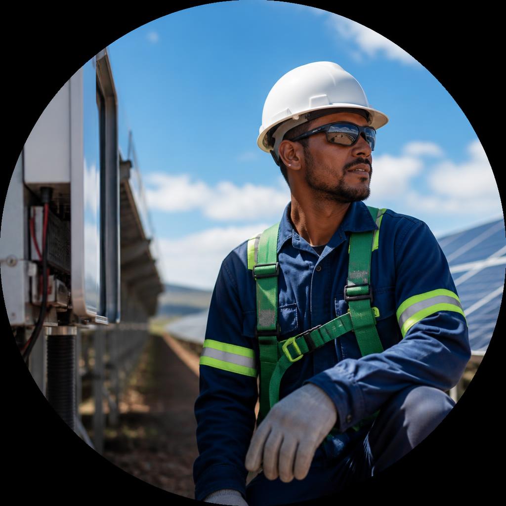 Técnico com EPIs inspecionando inversores em uma instalação fotovoltaica comercial, com fileiras de painéis solares e céu azul.